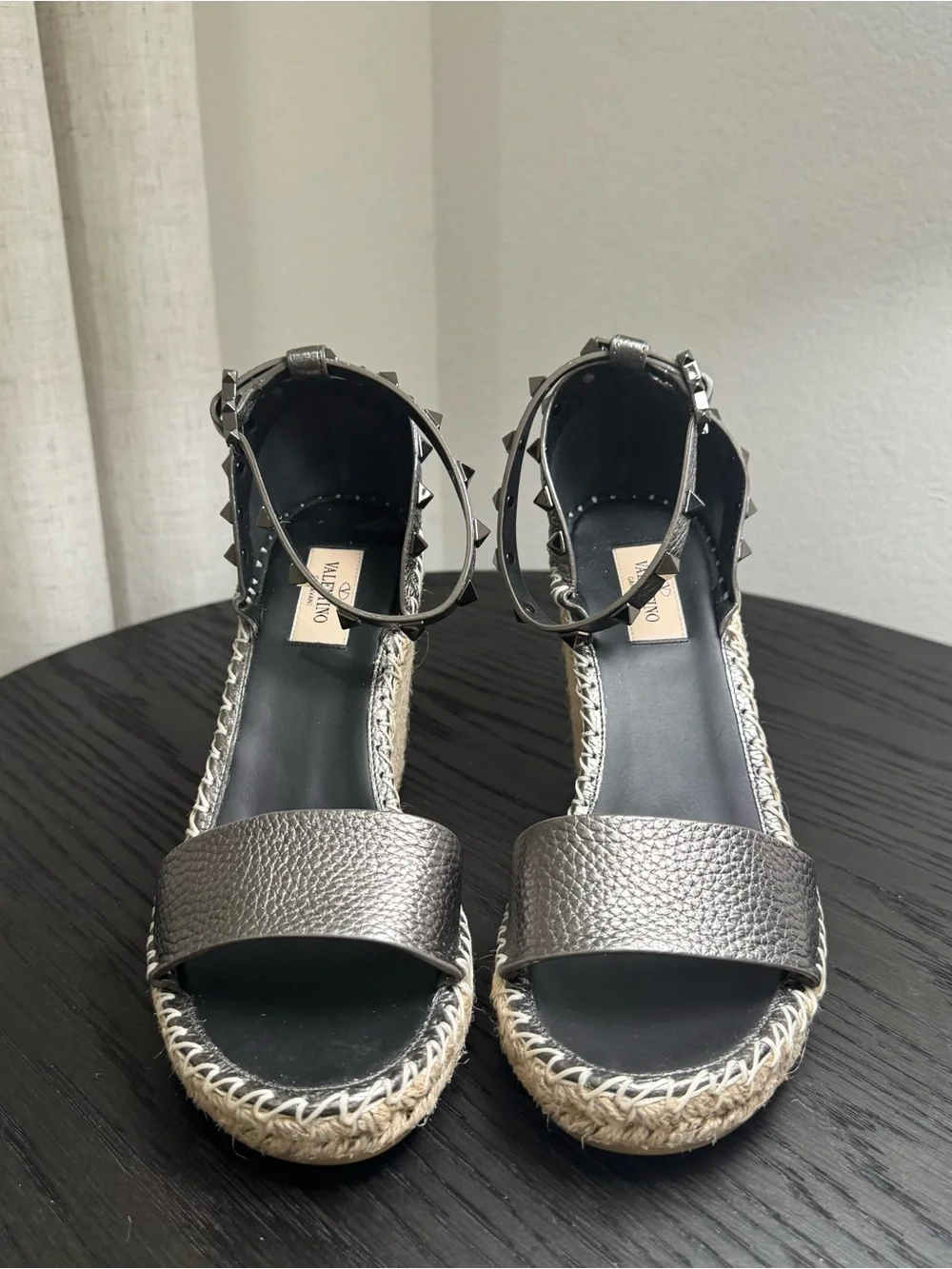 Valentino Garavani Rockstud Espadrille Wedge Sandals Silver Gray 39